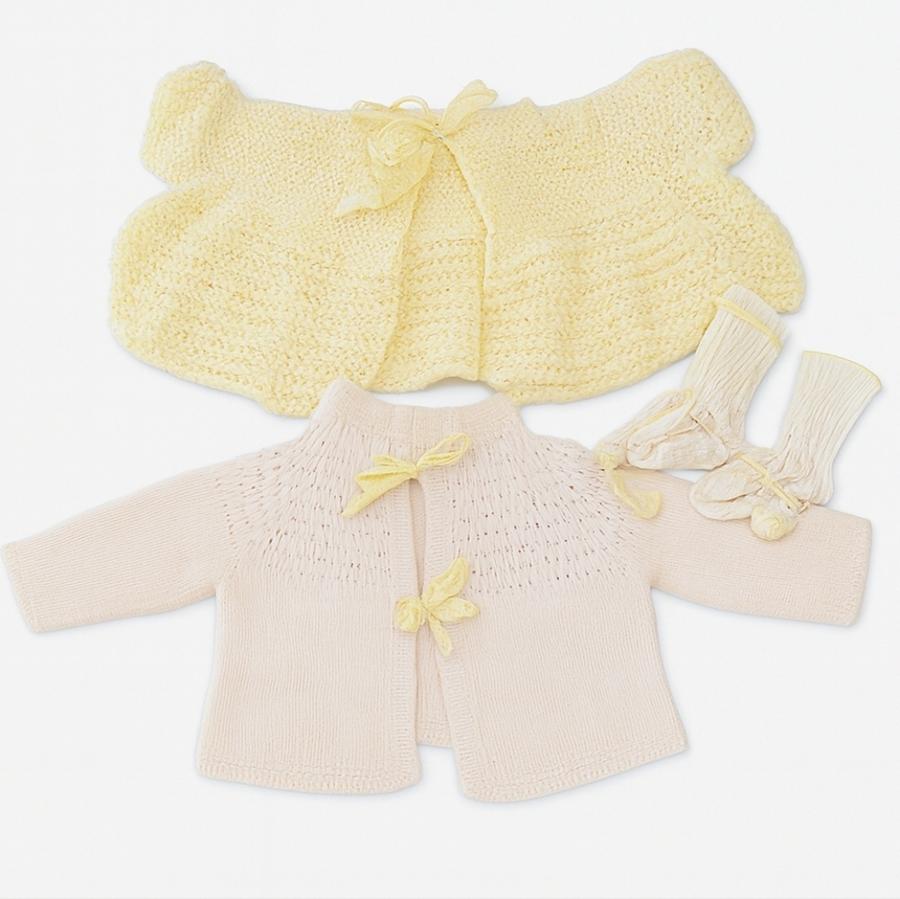Handmade Vintage Yellow Knit Baby Cardigan X2 and Booties Set Ribbon Pom Pom
